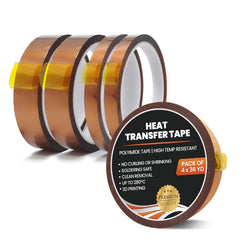 Heat Tape for Sublimation, 4 Rolls 10mm x 108ft, Heat Transfer Tape, Heat Resistant Thermal Tape for Heat Press, Soldering, and Circuit Boards, High Temp Polyimide Tape, No Residue