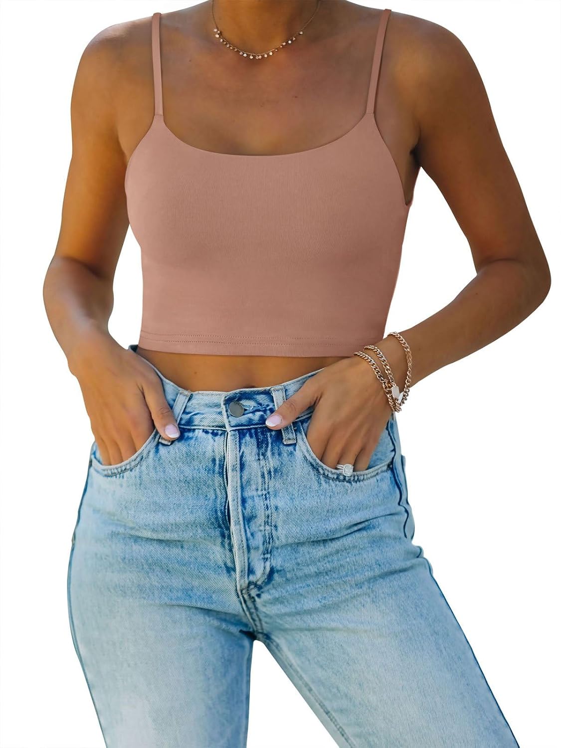 REORIA Women's Sexy Adjustable Spaghetti Strap Double Lined Seamless Camisole Tank Yoga Crop Tops