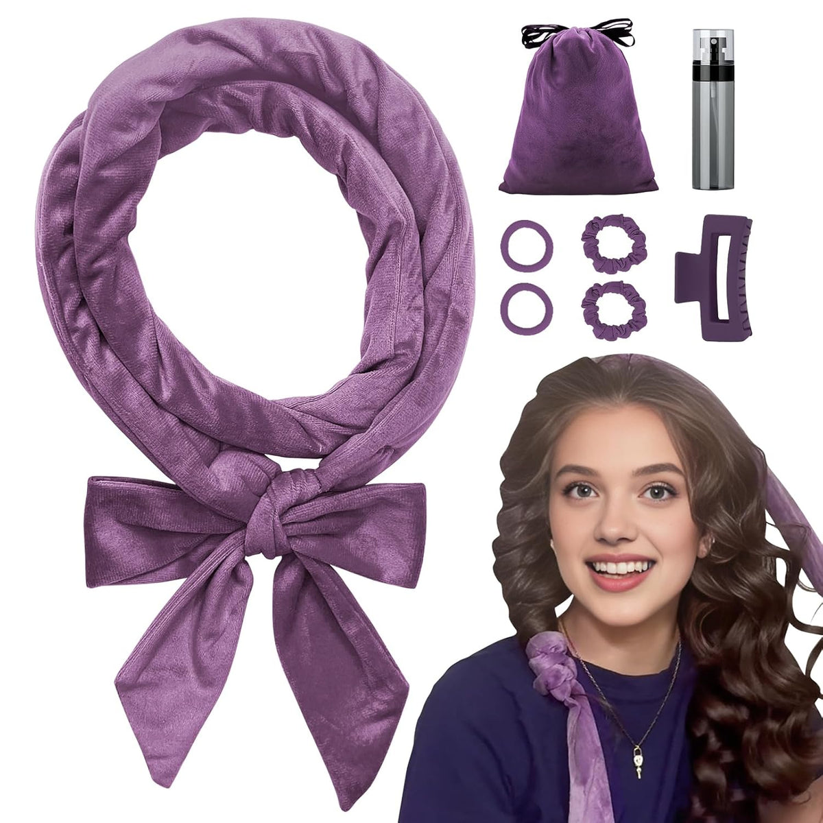 ZILAMPU No Heat Curling Rod Headband, Overnight Velour Hair Curls Roller Wrap for Women with Long Hair - Black