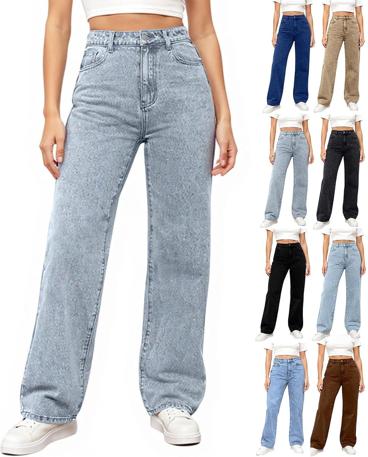 Womens Jeans High Waisted Wide Leg Button Pull On Jeans Oversized Baggy Straight Leg Boyfriend Stretchy Denim Pants