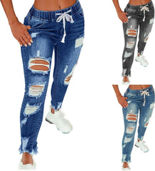 Distressed Jeans for Women Skinny Straight Leg Elastic Waist Denim Pants Y2k Stretchy Curvy Ripped Jeans with Pockets