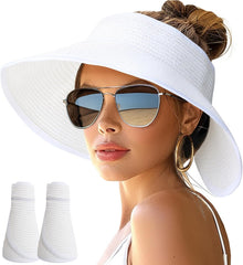 NPJY Sun Hats for Women Wide Brim Roll-Up Beach Ponytail Hat Packable Foldable Travel Straw Visor