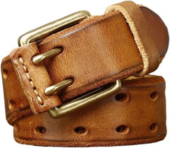 Vintage Mens Belt Cowhide Genuine Leather Belt for Men Copper Double Needle Buckle Handmade Jeans Belt Men(44in/110cm,Khaki)