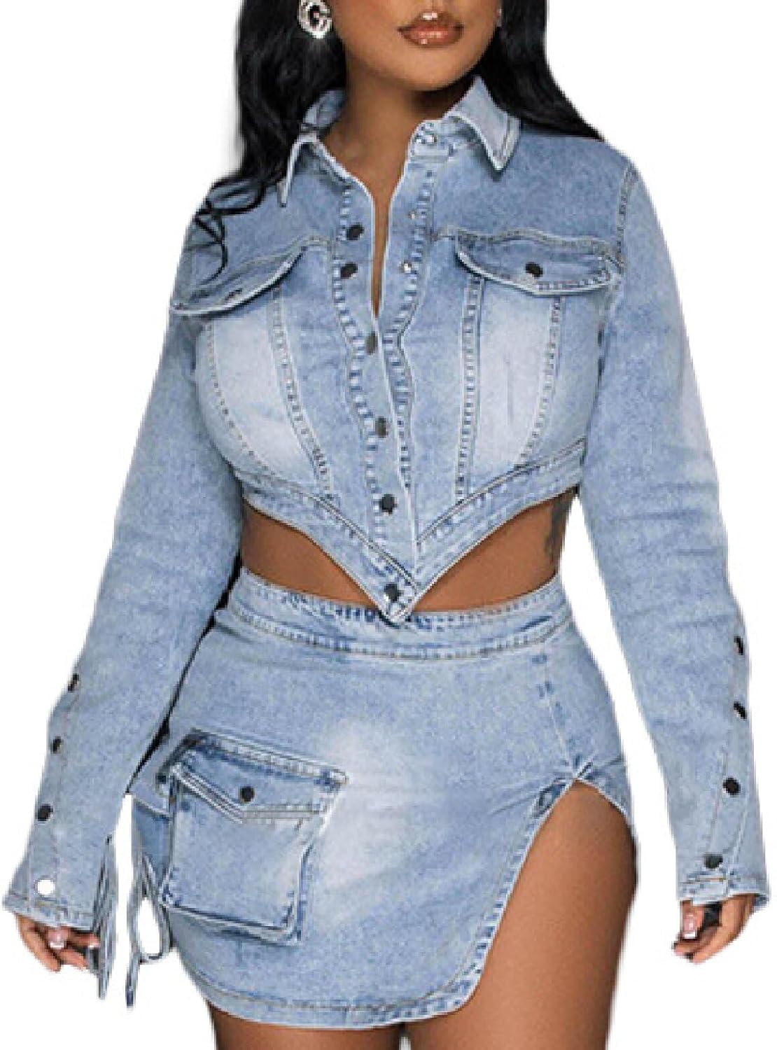 Seltaon Womens Cropped Denim Jacket Button Down Long Sleeve Blue Jean Jackets Coat Trendy Plus Size