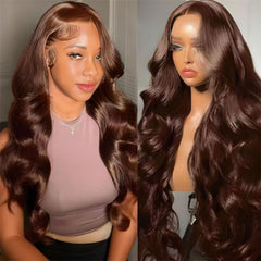 30 Inch Chocolate Brown Lace Front Wig Body Wave Brown Wig Human Hair Pre Plucked for Women 13x6 Brown Glueless Human Hair Wig