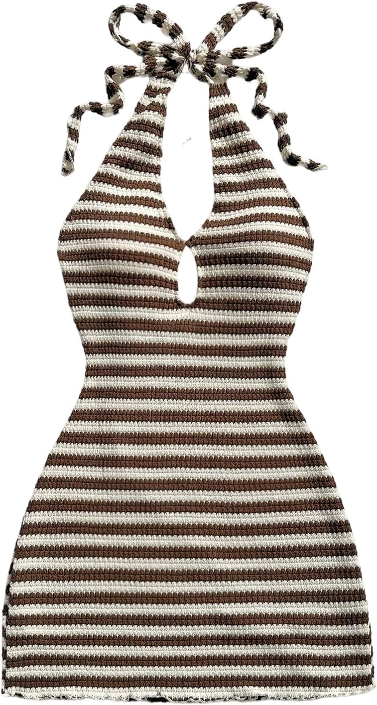 GORGLITTER Women's Crochet Halter Bubble Mini Dress Bow Backless Summer Bodycon Knit Dress Vacation Festival Outfits