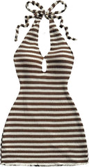 GORGLITTER Women's Crochet Halter Bubble Mini Dress Bow Backless Summer Bodycon Knit Dress Vacation Festival Outfits