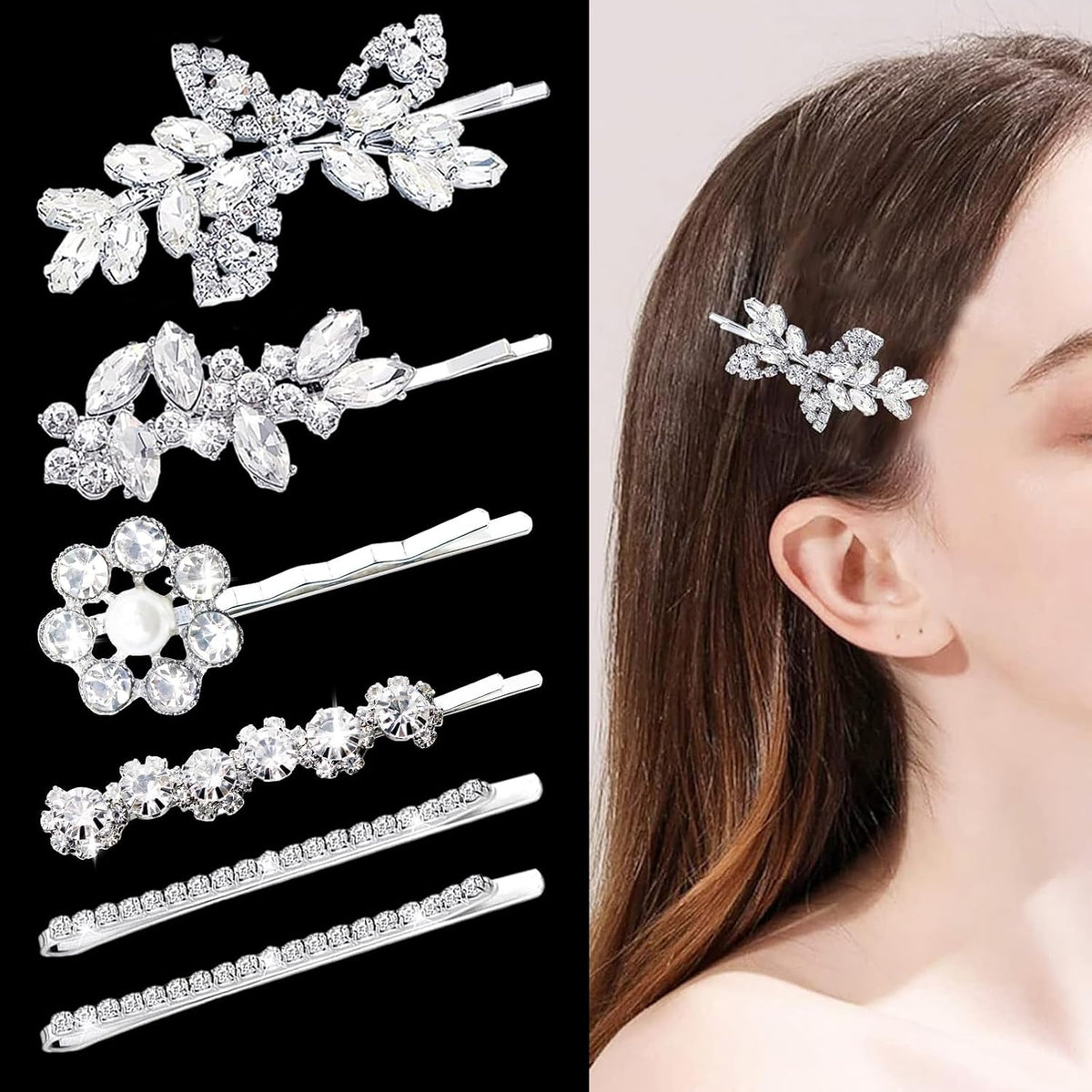 6 Pieces Delicate Rhinestone Bridal Hair Clip, Leaf Wedding Hairpin Bride Crystal Hair Clips, Elegant Bridal Hairpins, Hair Accessories for Women Girls (Classic Type)
