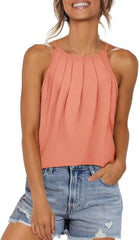 WIHOLL Womens Pleated Tank Tops Spaghetti Strap Camisole Halter Tops Curved Hem Fashion 2025