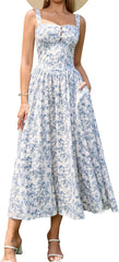 KUTUMAI Women Summer Lace Square Neck Midi Dress Corset Smocked Flowy A Line Beach Wedding Guest Dresses with Pockets