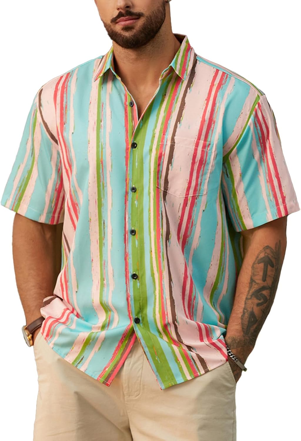 Hardaddy Men's Striped Shirts Casual Short Sleeve Button Down Summer Hawaiian Shirts