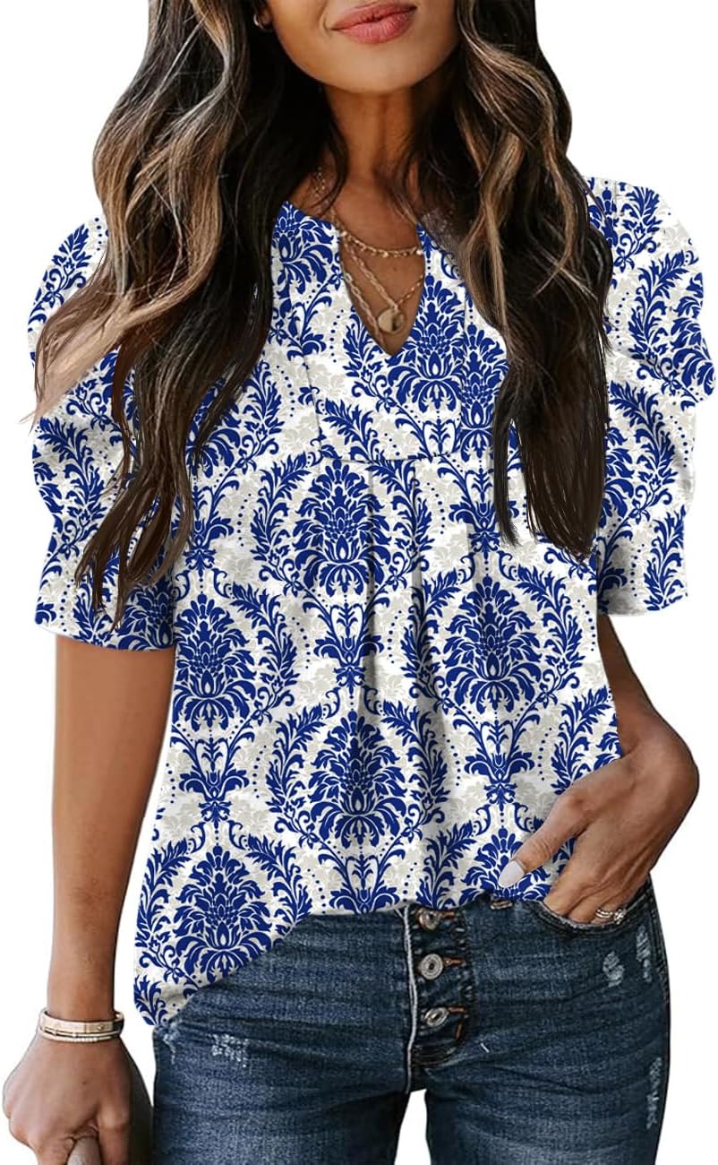 Women's Puff Short Sleeve Shirt V Neck Summer Tops Casual Fashion T Shirts Loose Fit Blouses