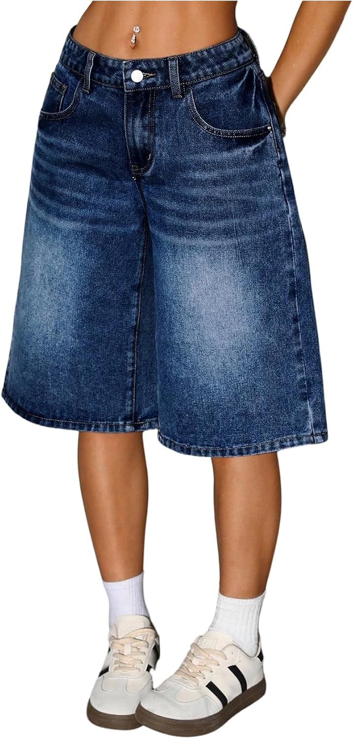 WDIRARA Women's Low Rise Baggy Denim Shorts Wide Leg Bermuda Jean Shorts