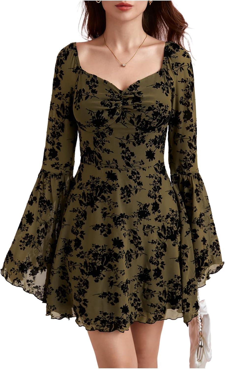 WDIRARA Women's Floral Jacquard Mesh Gothic Dress Bell Long Sleeve A Line Vintage Dresses
