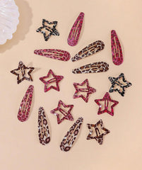Metal Snap Hair Clips,8 Pairs Hair Barrettes for Women - Star & Water Drop Hair Barrettes, Non-Slip Y2K Accessories for Thin Thick Hair,Pink and Brown Leopard Print
