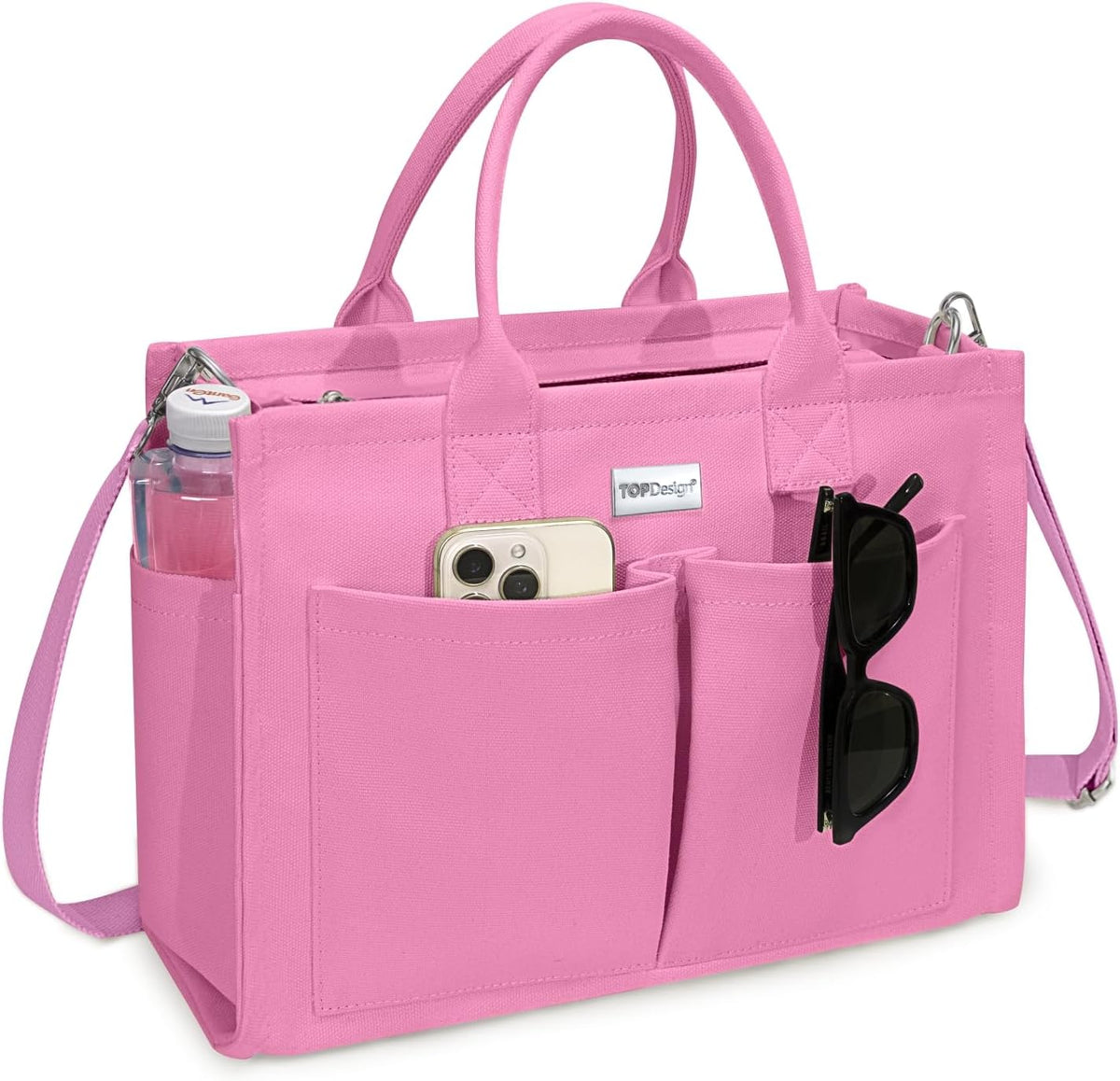 TOPDesign Heavy-Duty Canvas Tote Bag for Women, Adjustable Crossbody/Shoulder Handbag with 9 Pockets, Everything Tote