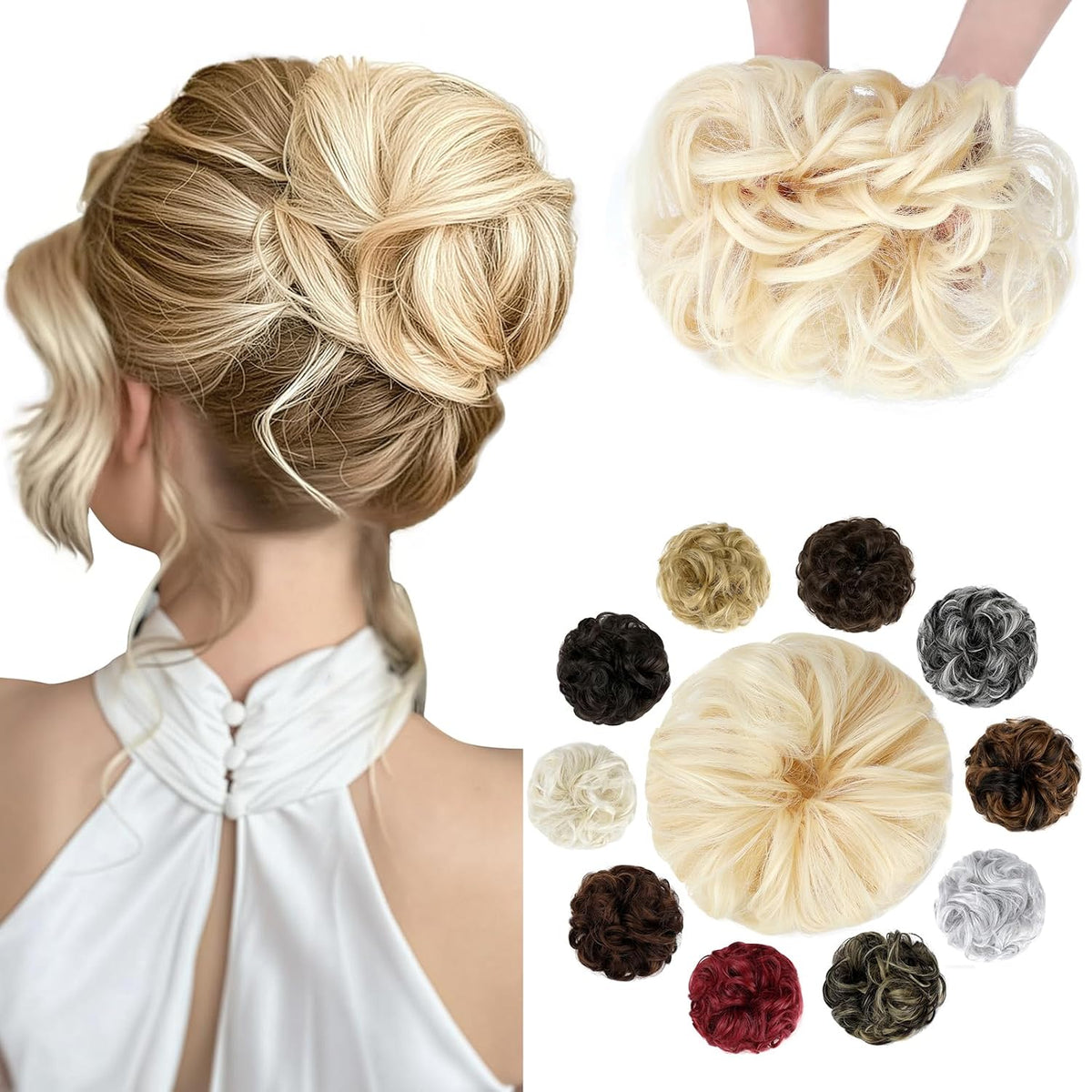 Messy Bun Hair Piece Wavy Curly Scrunchies Fluffy Donut Thick Updo Elegant Chignon Hairpieces for Women Girls, Dark Brown 1.4oz