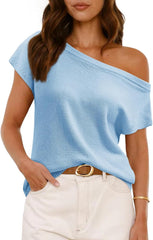 Saodimallsu Womens Off One Shoulder Sweater Tops Summer Short Sleeve Casual Loose Knit Trendy Going Out Tops