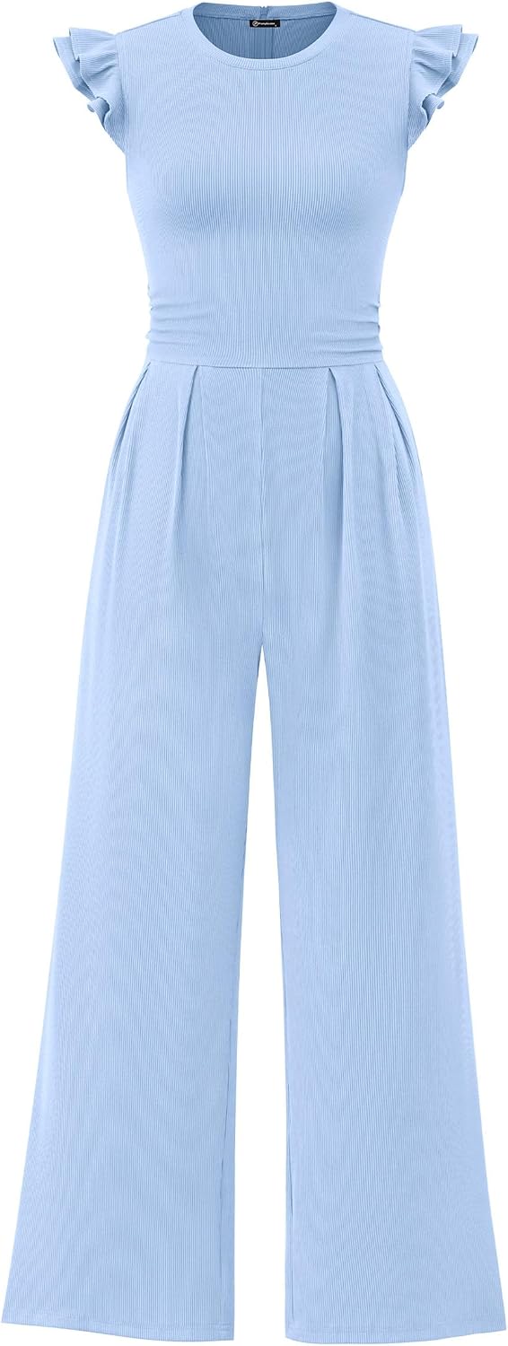 PRETTYGARDEN Summer Jumpsuits for Women Dressy 2025 Fashion Ruffle Cap Sleeve Romper Crew Neck Rib Knit One Piece Outfits