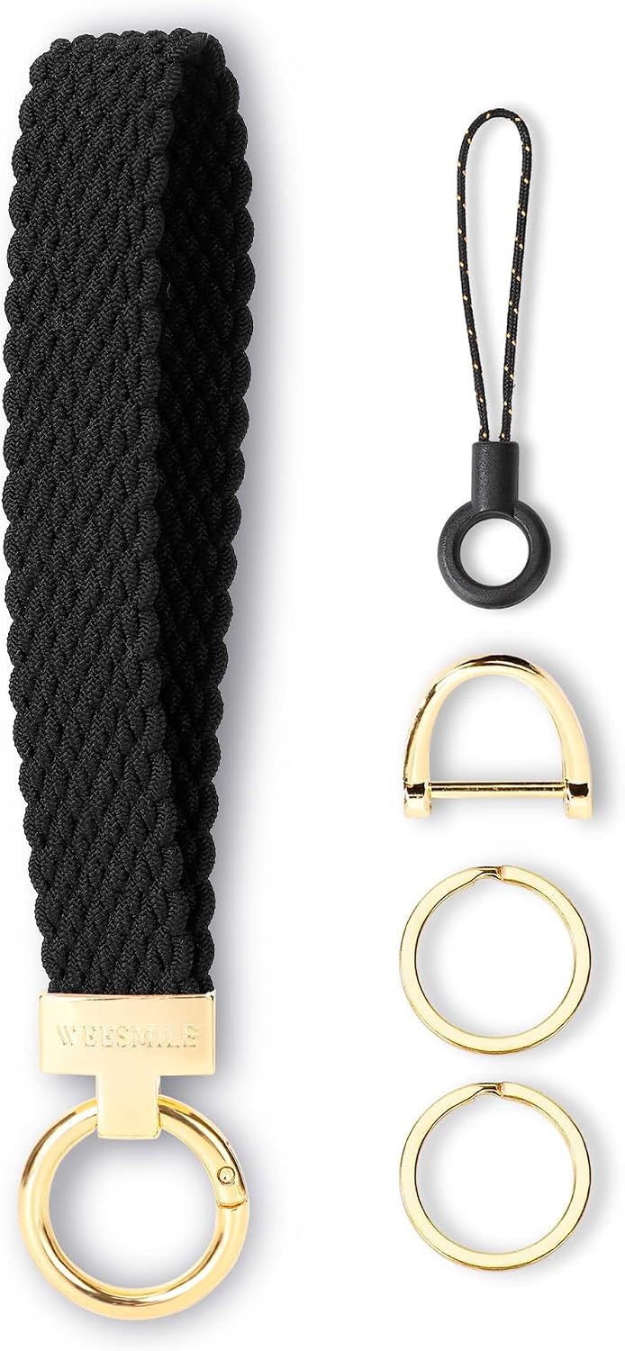 Keychain Wristlet, Stretchy Key Chain for Car Keys with 2 Keyrings and D ring, Cute Wrist Lanyard for Women Men