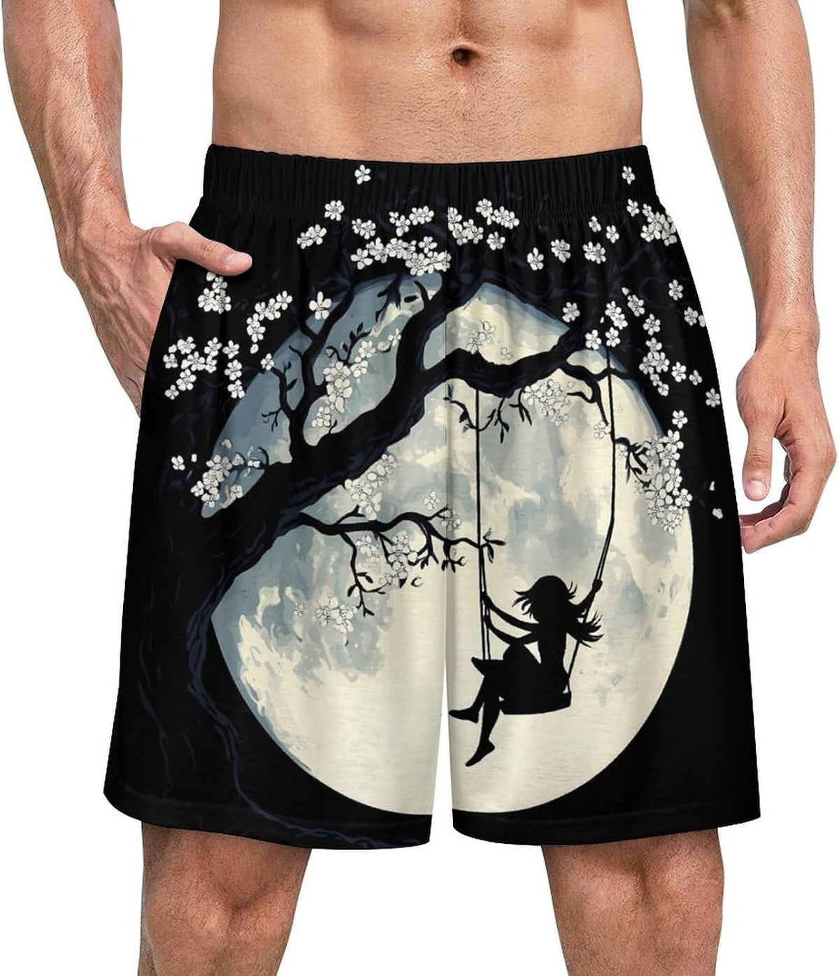 Swing Moon Cherry Florals Blossoms Men's Pajama Pants Casual Soft Pj with Pockets Comfy Lounge Sleep Bottoms Sleepwear