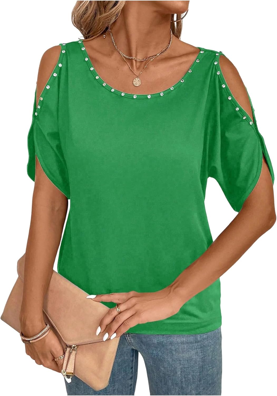 Verdusa Women's Cold Shoulder Beaded Blouse Top Elegant Summer Scoop Neck Dressy T Shirts Tops