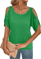 Verdusa Women's Cold Shoulder Beaded Blouse Top Elegant Summer Scoop Neck Dressy T Shirts Tops