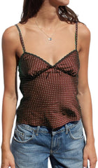 Women Silk Crop Cami Top Y2k Polka Dot Spaghetti Strap Tank Top Lace Trim V Neck Camisoles Trendy Going Out Tops