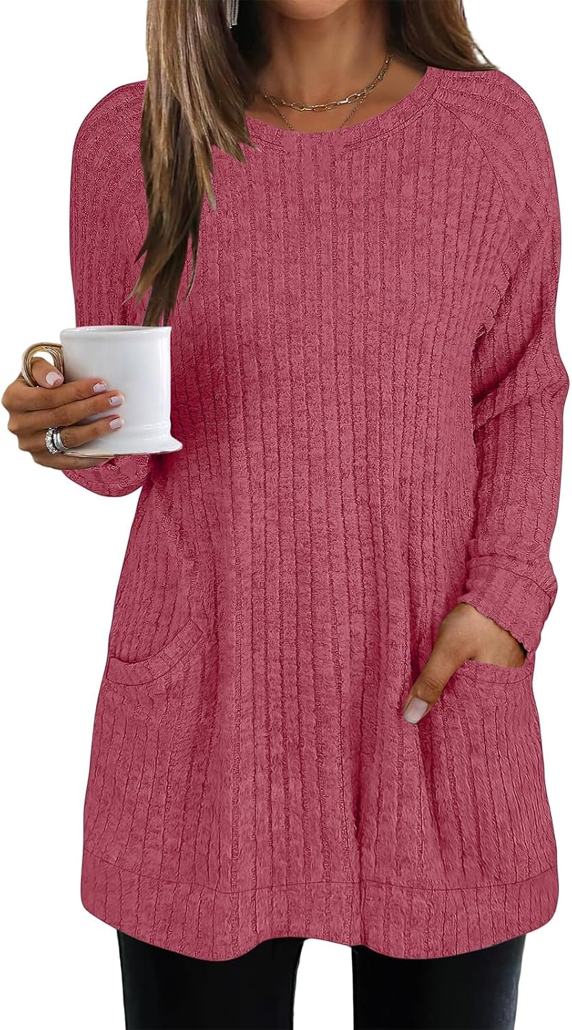Long Sleeve Sweaters for Women Ribbed Knit Lightweight Sweater Crew Neck Loose Casual Pullover Tops with Pockets