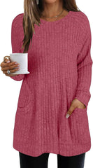 Long Sleeve Sweaters for Women Ribbed Knit Lightweight Sweater Crew Neck Loose Casual Pullover Tops with Pockets