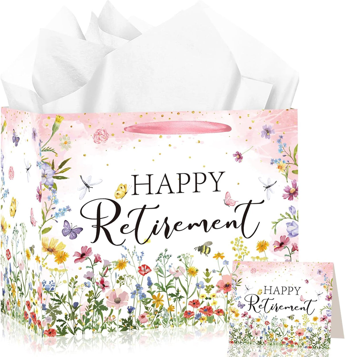 Wildflower Retirement Gift Bag for Women, Retired Gift Bag with Tissue Paper and Card Happy Retirement Gift Wrapping Paper Retired Gifts for Women Farewell Going Away Party Favor Bags Supplies