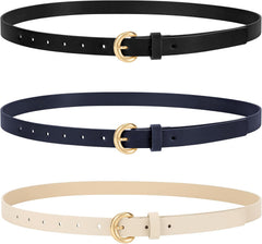 WERFORU 3 Pack Women Skinny Belt Thin Waist Belt for Women Leather Belt with Gold Buckle for Jeans Pants Dress 0.74" Width
