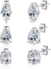 VOLUKA 316L Surgical Stainless Steel Hypoallergenic 3 Pairs Cubic Zirconia Stud Earrings Set for Women Men