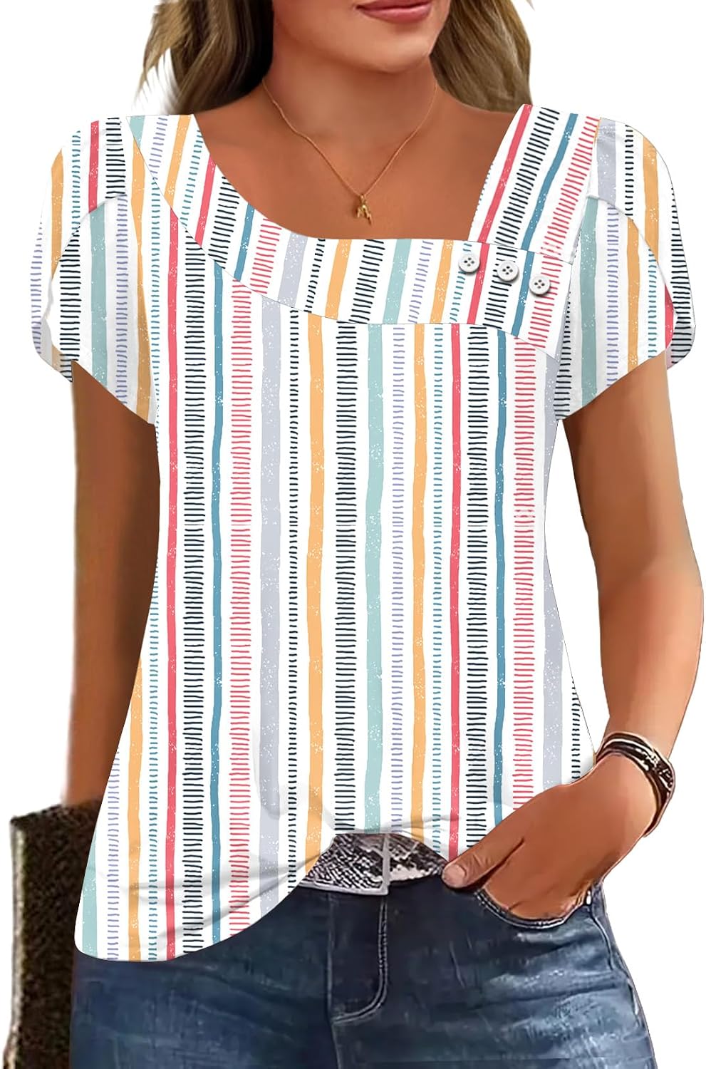 Womens Petal Sleeve Tops Summer Trendy T Shirt Casual Loose Square Neck Button Blouse Tees