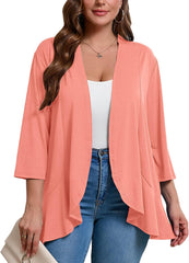AusLook Women's Plus Size 3/4 Sleeves Lightweight Open Front Cardigan Draped Ruffles Shawls and Wraps Shrugs Kimono Jacket