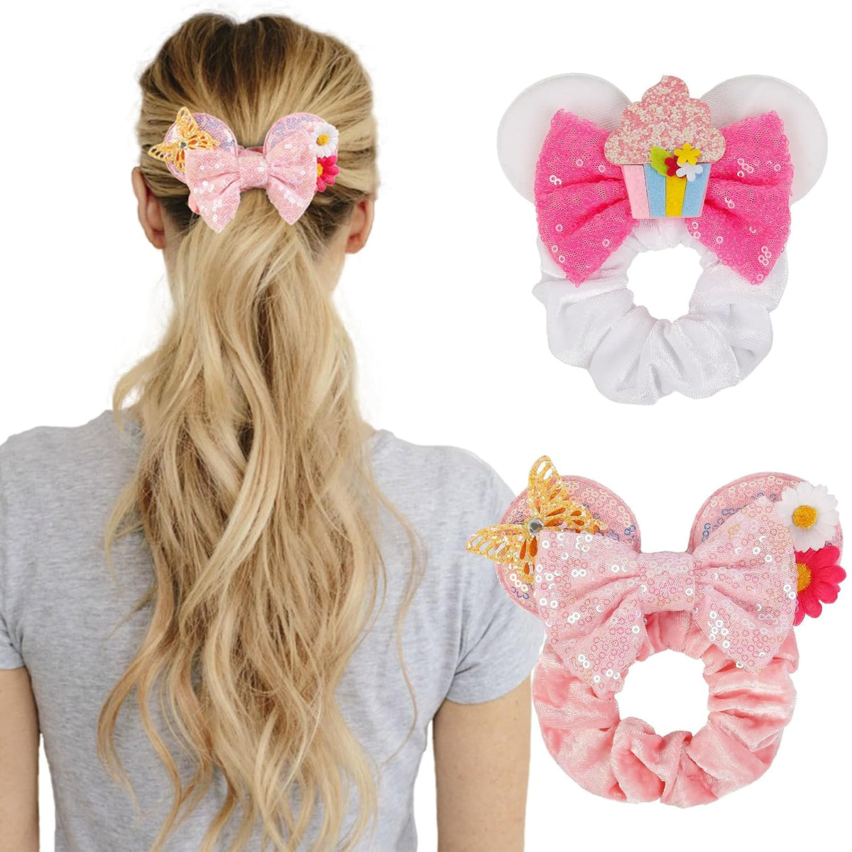 Women's Sequins Hair Bow Scrunchies, Velvet Mouse Ear Hair Ties for Ponytail, Party Favors, Cosplay Costume, Cute Accessories - Red Black