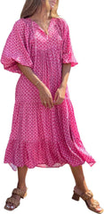miduo Womens Loose Fit Casual Summer V Neck Half Sleeve Bohemian Geometric Pattern Maxi Long Dresses