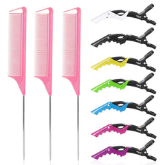 Rat Tail and Parting Combs with Styling Clips: 3 Metal Teasing Combs for Braids, 7 Professional Sectioning Hair Clips
