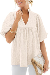 MASCOMODA Womens Summer Tops 2025 Ruffle V Neck Blouses Loose Puff Short Sleeve Jacquard Babydoll Tops Casual Dressy T-Shirts