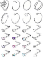 20G Stainless Steel Nose Rings, L Shaped Nose Studs and Nose Rings Hoops, Cute Heart Square CZ Nose Screw Piercing Jewelry Silver Gold For Women