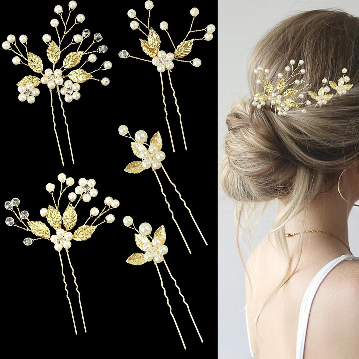 5 Pieces Pearl Bride Hair Pins Rhinestone Bridal Hair Piece for Women Crystal Pearl Hair Accessories for Bride Bridesmaids Flower Girls(Silver)