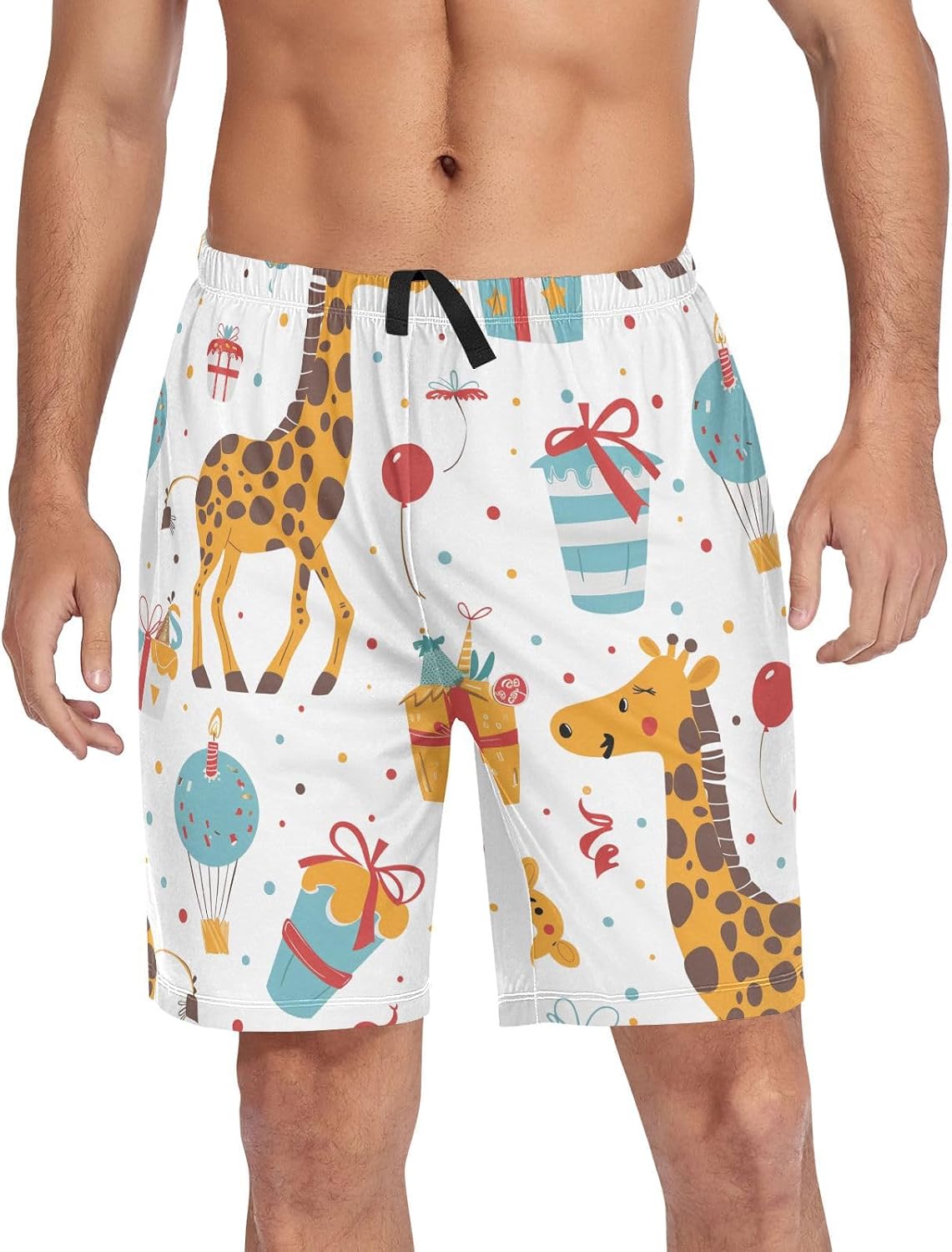 Birthday Giraffe Balloon Pajama Bottom Shorts for Men Soft Casual Sleep Lounge Shorts with Pockets S-XXL