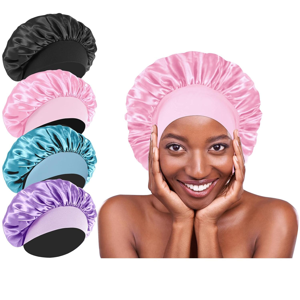 4Pcs Silk Satin Bonnets for Sleeping - Elastic Wide Band Wrap for Black Women Men,Silk Bonnets for Curly Hair,Large Hair Cap for Sleeping (Black+Wine Red+Purple+Brown)