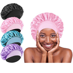 4Pcs Silk Satin Bonnets for Sleeping - Elastic Wide Band Wrap for Black Women Men,Silk Bonnets for Curly Hair,Large Hair Cap for Sleeping (Black+Wine Red+Purple+Brown)