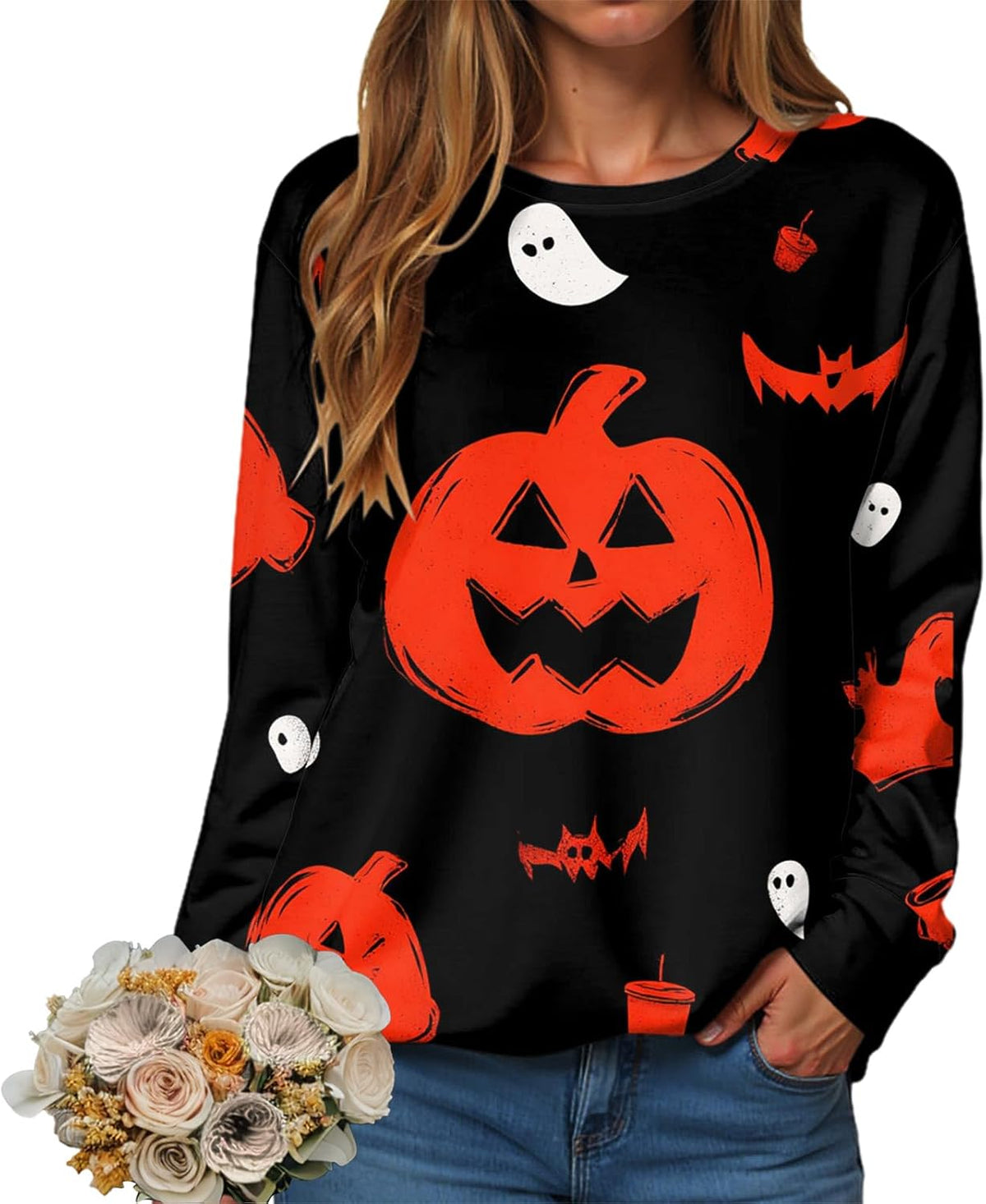Halloween Sweatshirts for Women 2025 Black Cat on Pumpkin Sweatshirt Fall Pumpkin Face Tee Lightweight Pullover Tops