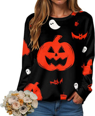 Halloween Sweatshirts for Women 2025 Black Cat on Pumpkin Sweatshirt Fall Pumpkin Face Tee Lightweight Pullover Tops