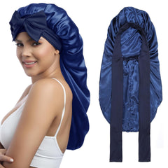 AWAYTR Long Satin Bonnet for Women - Double Layer Elastic Silk Bonnet for Braids Hair Sleeping Cap with Tie Band (Champagne)