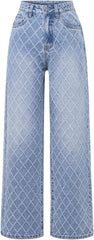 Women's High Waisted Loose Straight Leg Pants with Non Elastic Checkered Fashion Jeans