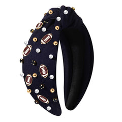 Football Headband Pearl Rhinestone Jeweled Knotted Headband Fun Sports White Hot Pink Black Blue Football Embellished Wide Top Knot Hairband Headpiece Game Day Sports Hair Accessories Gift for