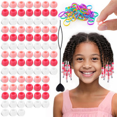 150Pcs Small Silicone Beads for Hair, 8 * 10 mm Soft Pink Mix Colors Pony Silicone Hair Beads for Braids with 50 Rubber Bands and 1 Beader for Braiding, DIY Bracelets Necklaces Crafts
